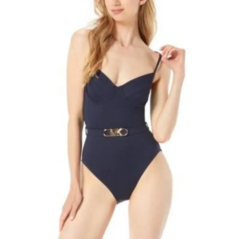 Michael Kors Women s Underwire Logo-Belt Blue One-Piece Swimsuit Size 8
